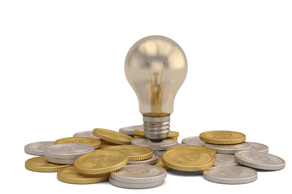 Conceito financeiro lâmpada e moedas Isolado no backgro branco — Fotografia de Stock