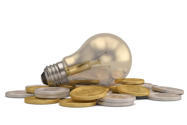 金融の概念電球とコイン白い背もたれに隔離 — ストック写真
