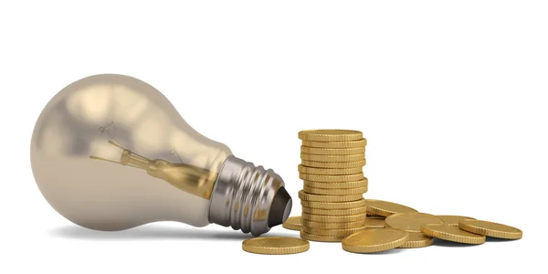 Finanční koncept žárovka a mince Izolované na bílém backgro — Stock fotografie
