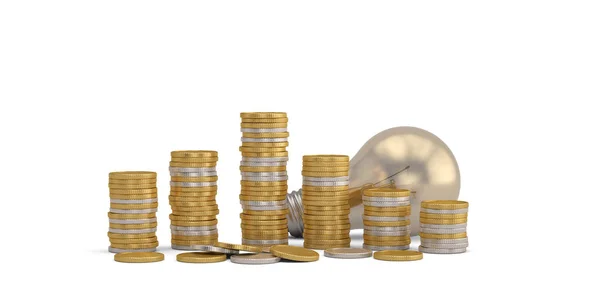 Concepto financiero bombilla y monedas Aislado sobre fondo blanco —  Fotos de Stock