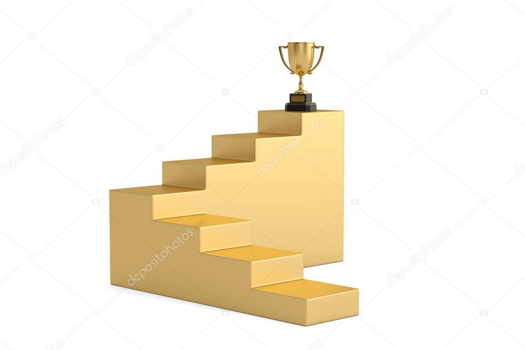 Business grows concept ladder and trophy Isolated on white backg