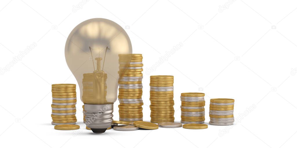 Financial concept light bulb and coins Isolated on white backgro