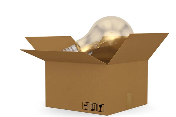 Žárovka v krabičce Izolovaná na bílém pozadí. 3D ilustrace — Stock fotografie
