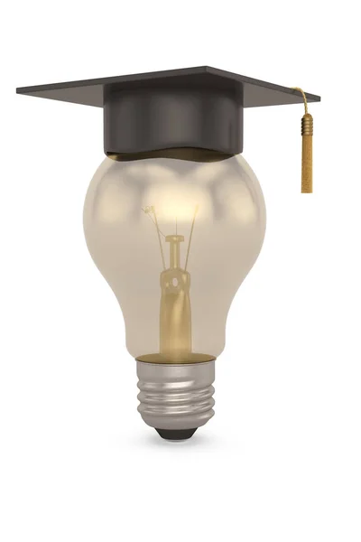 Light bulb with graduation hat Isolated on white background. 3d — Stock Photo, Image