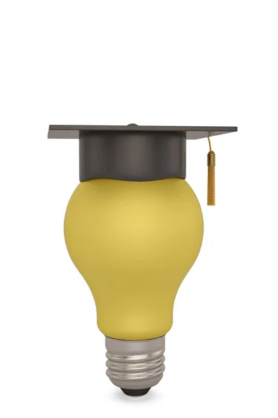Lâmpada com chapéu de graduação Isolado no fundo branco. 3d — Fotografia de Stock