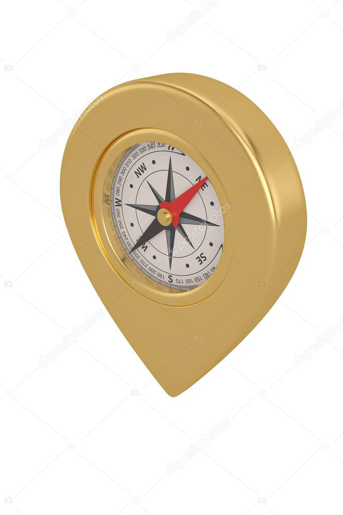 Compass map pin isolated on white background. 3D illustration.