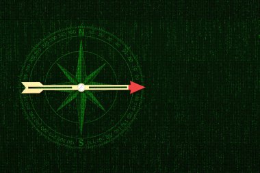 Hacker dijital metal arka planında bir pusula. 3B illüstrasyon.