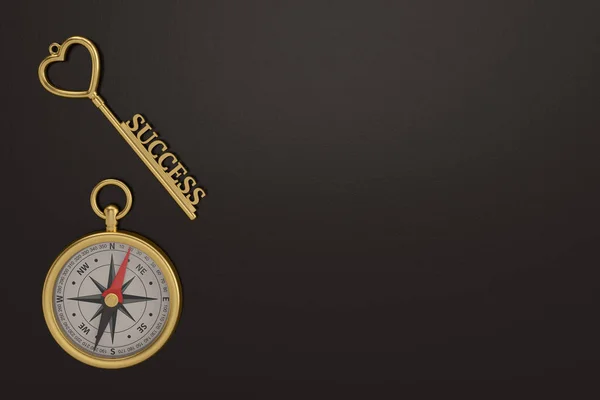 Gold compass and success key on black background. 3D illustration.