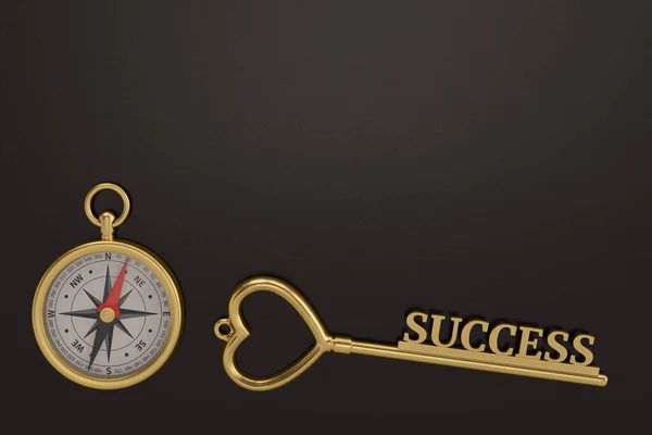 Gold compass and success key on black background. 3D illustration.