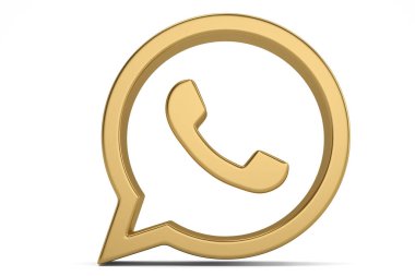 Telefon ikonu altın yuvarlak düğme altın çerçeve parlak çerçeve konsept Beyaz arka planda izole, 3D görüntüleme. 3B illüstrasyon.