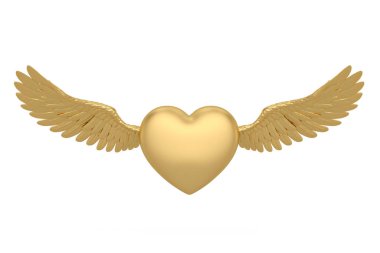 Kalbi olan altın kanatlar, beyaz arka planda izole edilmiş, 3 boyutlu. 3B illüstrasyon.