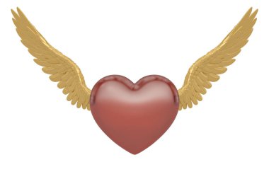 Kalbi olan altın kanatlar, beyaz arka planda izole edilmiş, 3 boyutlu. 3B illüstrasyon.