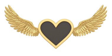 Kalbi olan altın kanatlar, beyaz arka planda izole edilmiş, 3 boyutlu. 3B illüstrasyon.