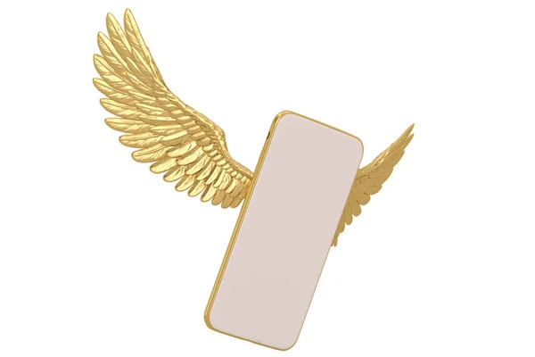 Gouden Vleugels Met Smart Phone Geïsoleerd Witte Achtergrond Render Illustratie — Stockfoto