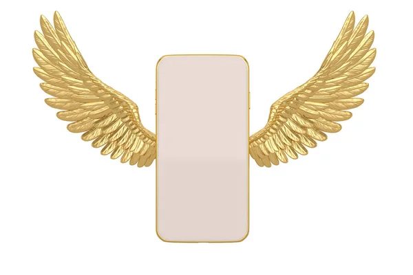 Zlatá Křídla Chytrým Telefonem Izolované Bílém Pozadí Vykreslování Ilustrace — Stock fotografie