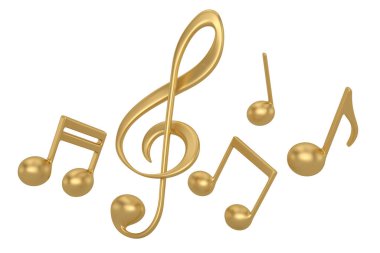 Beyaz Arkaplanda izole edilmiş altın müzik notası, 3 boyutlu. 3B illüstrasyon.