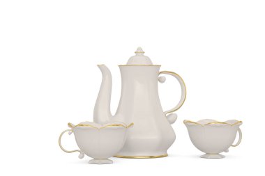 Beyaz arka planda izole edilmiş çay seti, 3 boyutlu görüntüleme. 3B illüstrasyon.