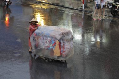 HANOI, VIETNAM - 21 Ağustos 2020 'de Hanoi, Vietnam' da sabah erken saatlerde satıcı için küçük bir pazar. Vietnam çiçekçisi satıcısı. içinde