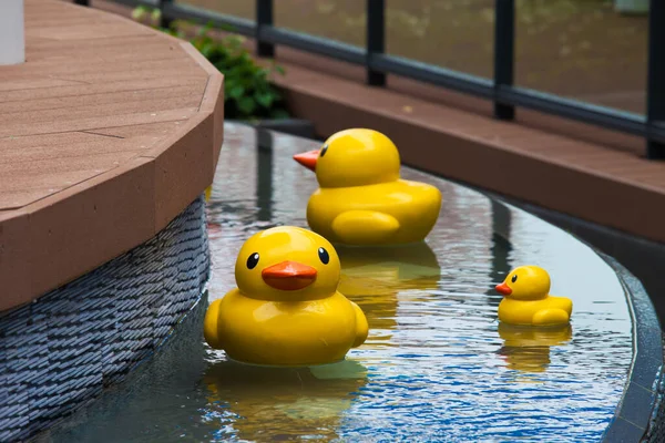 Mavi temiz havuzda komik ördek oyuncağı