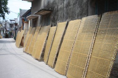 CuDa Köyü - Hanoi - Vietnam - 21 Haziran 2015 - Arrowroot vermicelli- bambu çitleri üzerinde kurutulan özel bir Vietnam eriştesi