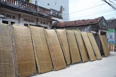 CuDa Köyü - Hanoi - Vietnam - 21 Haziran 2015 - Arrowroot vermicelli- bambu çitleri üzerinde kurutulan özel bir Vietnam eriştesi