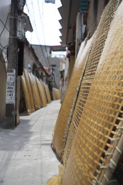 CuDa Köyü - Hanoi - Vietnam - 21 Haziran 2015 - Arrowroot vermicelli- bambu çitleri üzerinde kurutulan özel bir Vietnam eriştesi