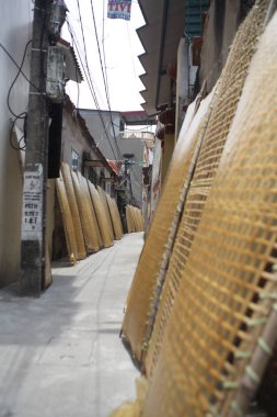 CuDa Köyü - Hanoi - Vietnam - 21 Haziran 2015 - Arrowroot vermicelli- bambu çitleri üzerinde kurutulan özel bir Vietnam eriştesi