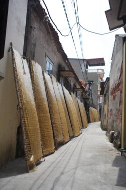 CuDa Köyü - Hanoi - Vietnam - 21 Haziran 2015 - Arrowroot vermicelli- bambu çitleri üzerinde kurutulan özel bir Vietnam eriştesi