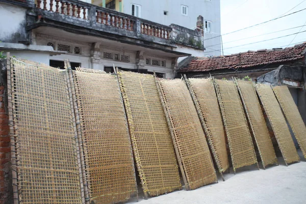 CuDa Köyü - Hanoi - Vietnam - 21 Haziran 2015 - Arrowroot vermicelli- bambu çitleri üzerinde kurutulan özel bir Vietnam eriştesi