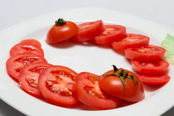 Tomates Rojos Jugosos Manteles Fondo Caro — Foto de Stock