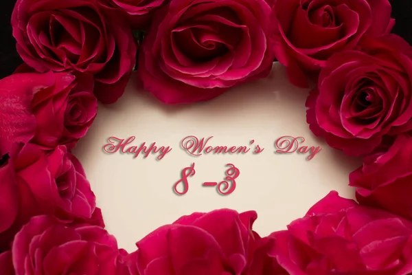Happy Womans Day March 8Th Written White Card Red Roses — Stock Photo, Image