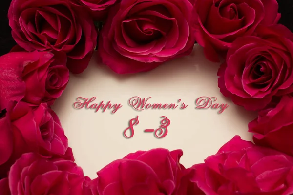 Happy Womans Day März Auf Weißer Karte Mit Roten Rosen — Stockfoto