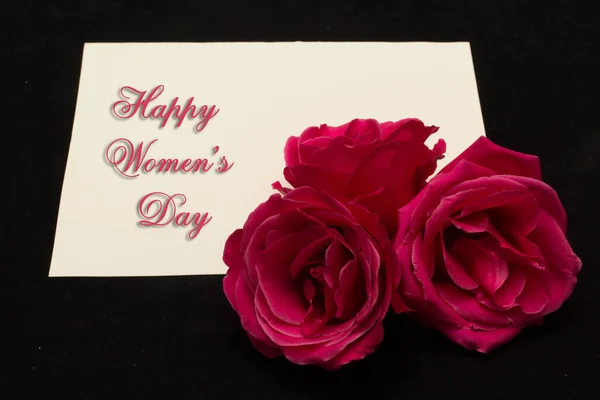 Happy Womans Day März Auf Weißer Karte Mit Roten Rosen — Stockfoto