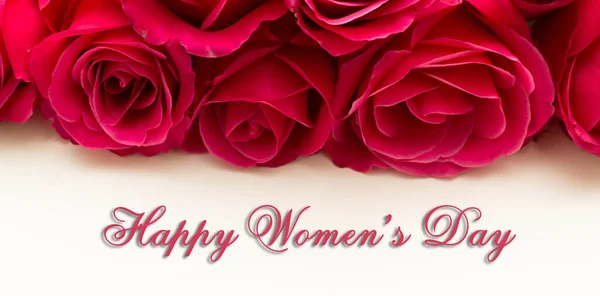 Happy Womans Day März Auf Weißer Karte Mit Roten Rosen — Stockfoto