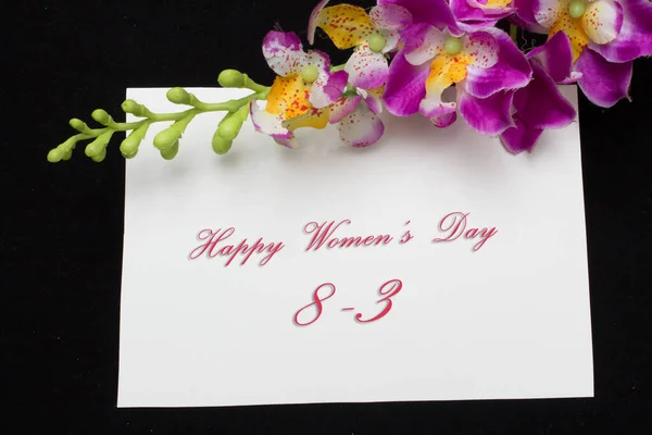 Happy Womans Day März Auf Weißer Karte Mit Roten Rosen — Stockfoto