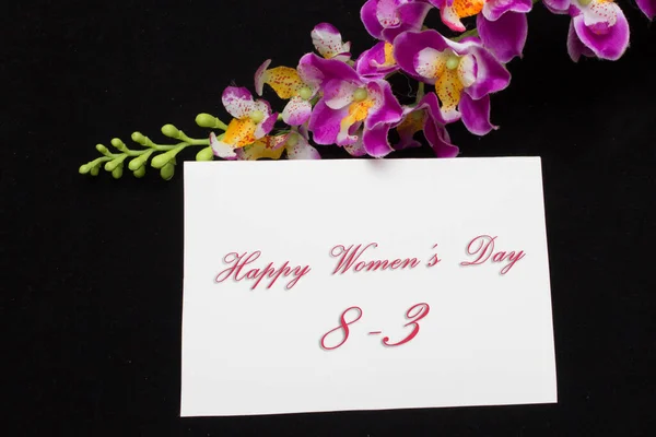 Happy Womans Day March 8Th Written White Card Red Roses — Stock Photo, Image