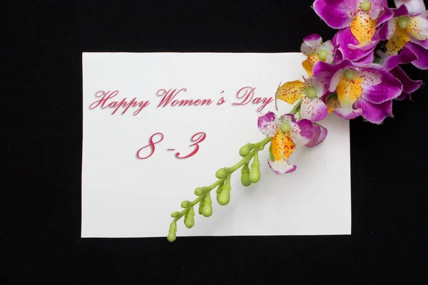 Happy Womans Day März Auf Weißer Karte Mit Roten Rosen — Stockfoto