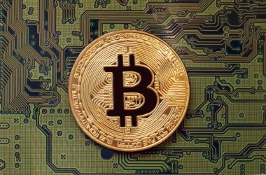 Bitcoin bir yeşil baskılı devre kartı üzerinde. Kripto cyrrency ve blockchain kavramı.