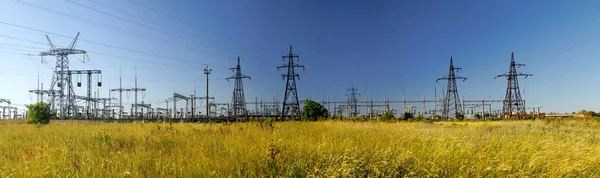 Панорамне Зображення Підстанції Високої Напруги Розподіл Електричної Потужності — стокове фото
