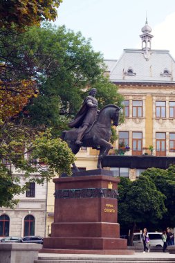 Lviv, Ukrayna - 25 Haziran 2018: Kral Daniel Galiçya Lviv anıt. Kral Galiçya Daniel, Ruthenia ilk Kral ünlü anıt Lviv birçok yerlerinden biridir.