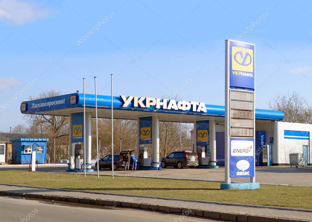 Khmelnitsky, Ukraine - March 17, 2019: Ukrnafta gas filling station. Ukrnafta is a Ukrainian oil and natural gas extracting company, the largest producer of oil and gas in the country. The company has one of the biggest networks of gas filling statio