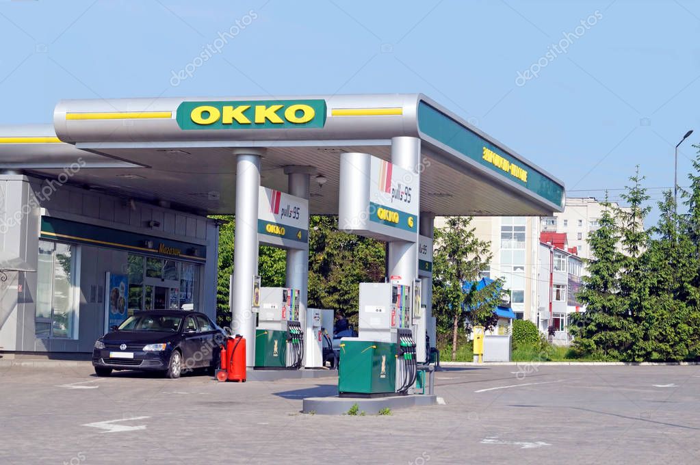 Khmelnitsky, Ukraine - May 26, 2019: Refuel cars at OKKO gas station. The retail network of OKKO gas stations in Ukraine.