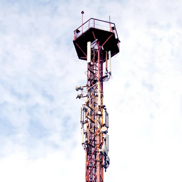 Communication Tower Network Telephone Cellsite Silhouette Blue Sky Clouds Implementation — Stock Photo, Image