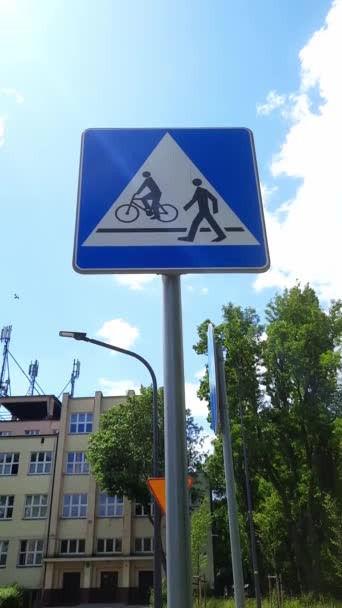 Pedestre Bicicleta Sinal Travessia Contra Céu Azul Sinal Estrada Com — Vídeo de Stock