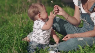 Güzel bir anne ve küçük oğlu resim parkında çimlerin üzerinde oturuyorlar. Güzel, genç bir anne tatlı çocuğuna küçük bir çiçek veriyor. Annelik kavramı, aşk mutluluk ve güzellik..