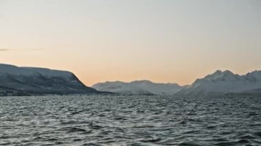 Norveç kutup denizinin karla kaplı fiyortlarla çevrili manzarası. Kuşlar gökyüzünde uçuyor. Sinematik gün batımı. Norveç 'e bilimsel keşif gezisi sırasında çekilen özel belgesel görüntüleri