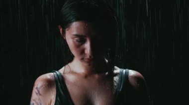 Doğrudan kameraya bakan kendine güvenen bir kadın yüzücü. Yağmur altındaki kadın portresi. Yüze ve vücuda bir su akışı akar. Önemli karar kavramı, zor adım.