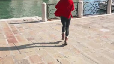 Ateşli esmer tilki deniz kenarında romantik bir yürüyüş için işaret ediyor. Venedik 'in dar sokaklarında yürüyen çizgili pançolu şık Asyalı kadın. Seyahat kavramı.