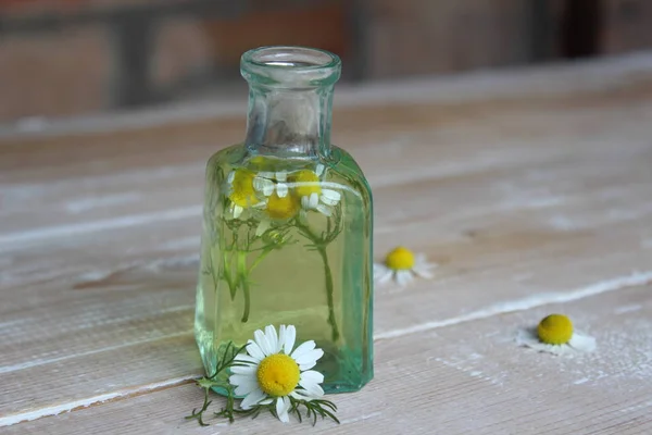 Bouteille en verre avec teinture de camomille — Photo