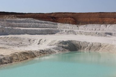 Kil madenciliği. Beyaz kilden güzel bir arka plan. Mavi su.